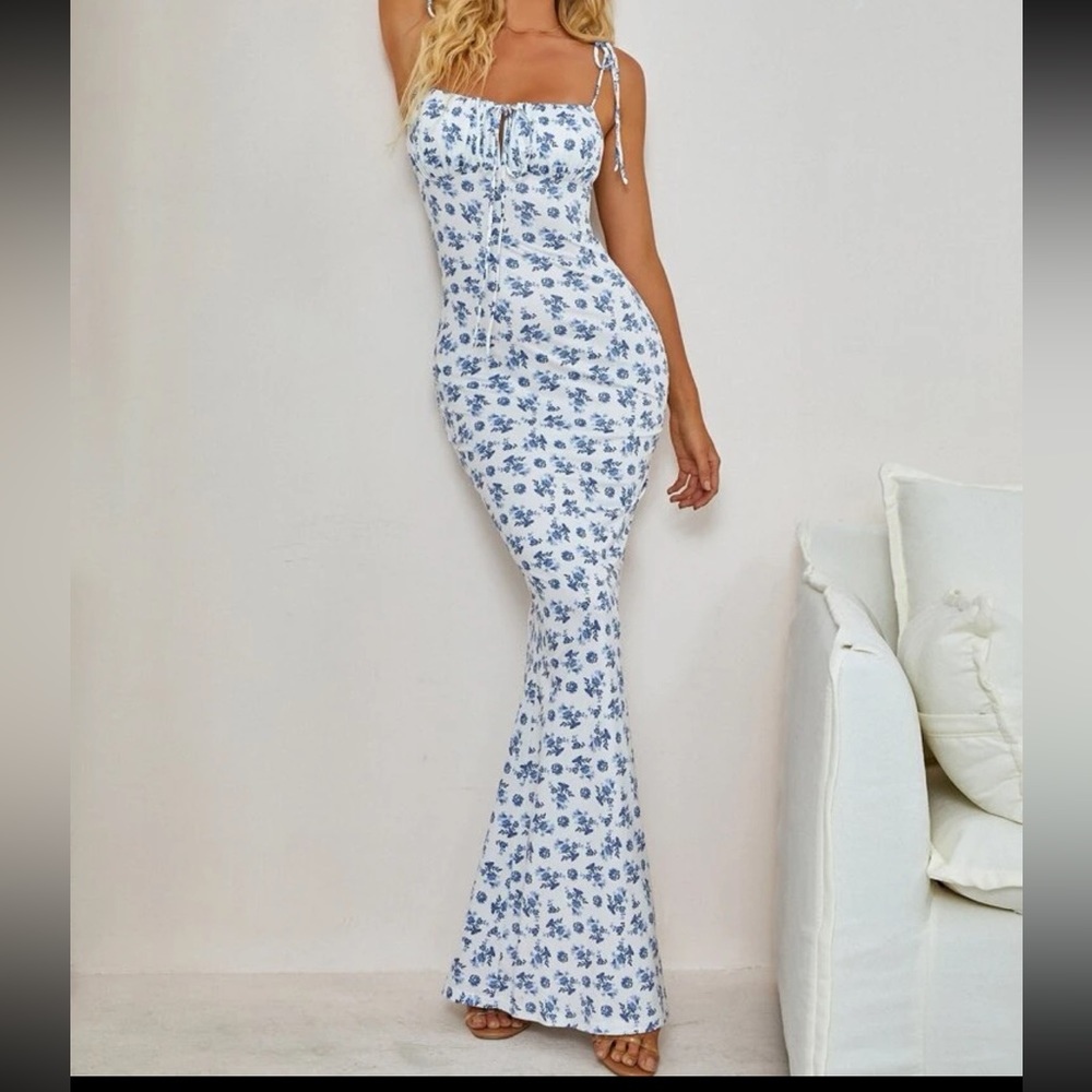 White and blue printed maxi dress